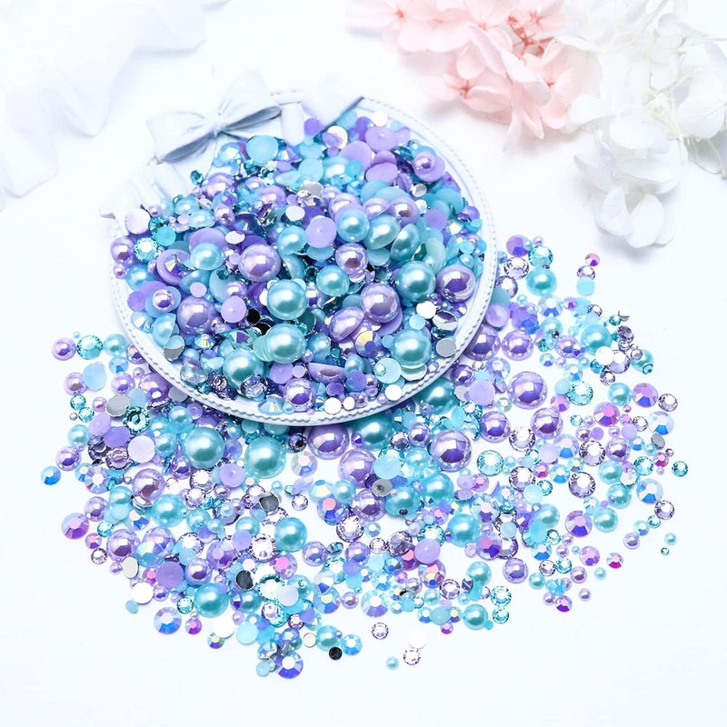 Towenm 60g Flatback Pearls and Rhinestone Mix, 2mm-10mm Mixed Size Flatback Rhinestones and Pearls for Crafts Tumblers Shoes Nails Face Art, Purples|Aquamarine - Image 3